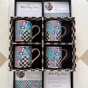 Mackenzie-Childs Floral Artist Mug - Pink Handle, Teal, Purple & Black Check